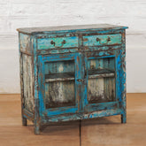 Rustica Vintage Reclaimed Wood Glass Door Cabinet Blue